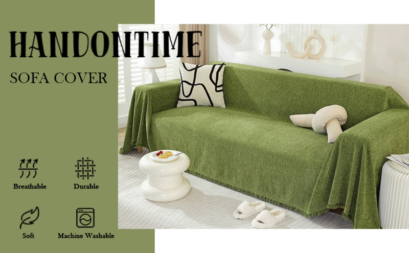 Chenille Sofa Cover Olive Green Herringbone Weave Fringed Edge