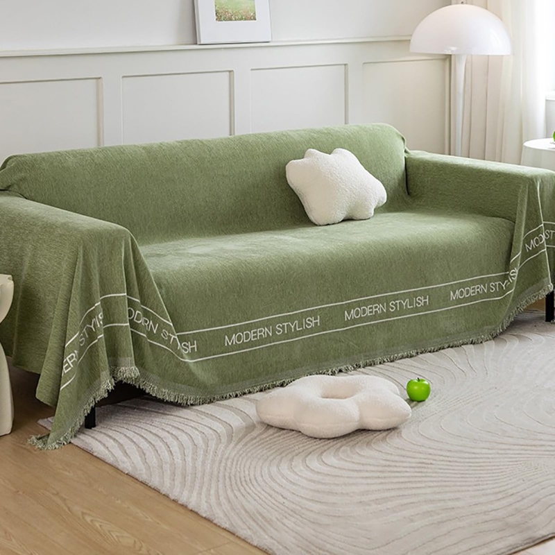 Chenille Sofa Slipcover Sage Green Tassel Fringe Stylish Border