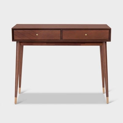 Chevron Pattern Console Table Walnut with Gold Leg Caps