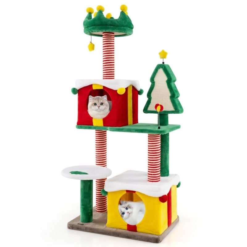 Christmas Cat Tree With Gift Box Houses & Festive Colors