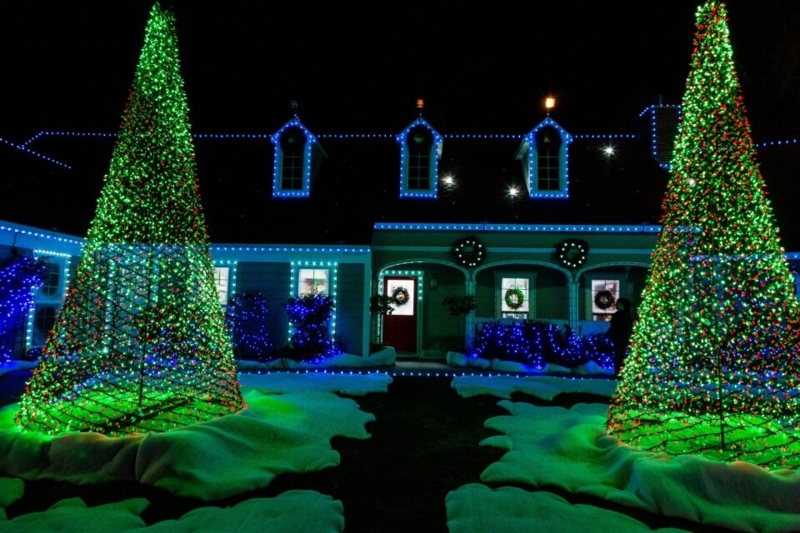 Christmas Lights Blue Roofline Green Conical Trees Deco (67)