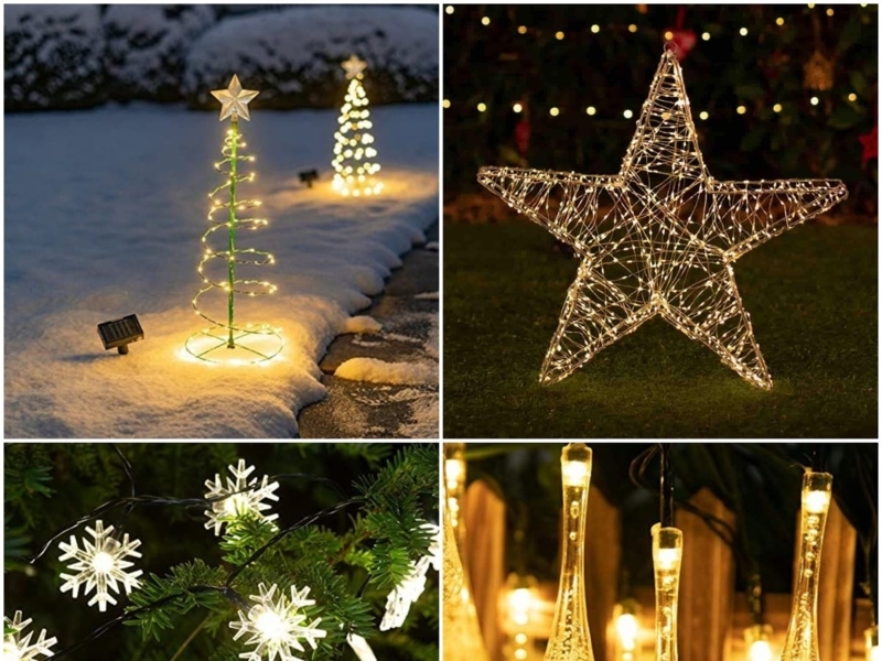 Christmas Lights Solar Warm White Sculptural Shapes Snowflake Star