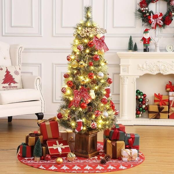 Christmas Tree, Decorated Pre-Lit with Planter Base & Red Accents