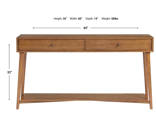 Cinnamon Wood Console Table with Two Drawers and Lower Shelf