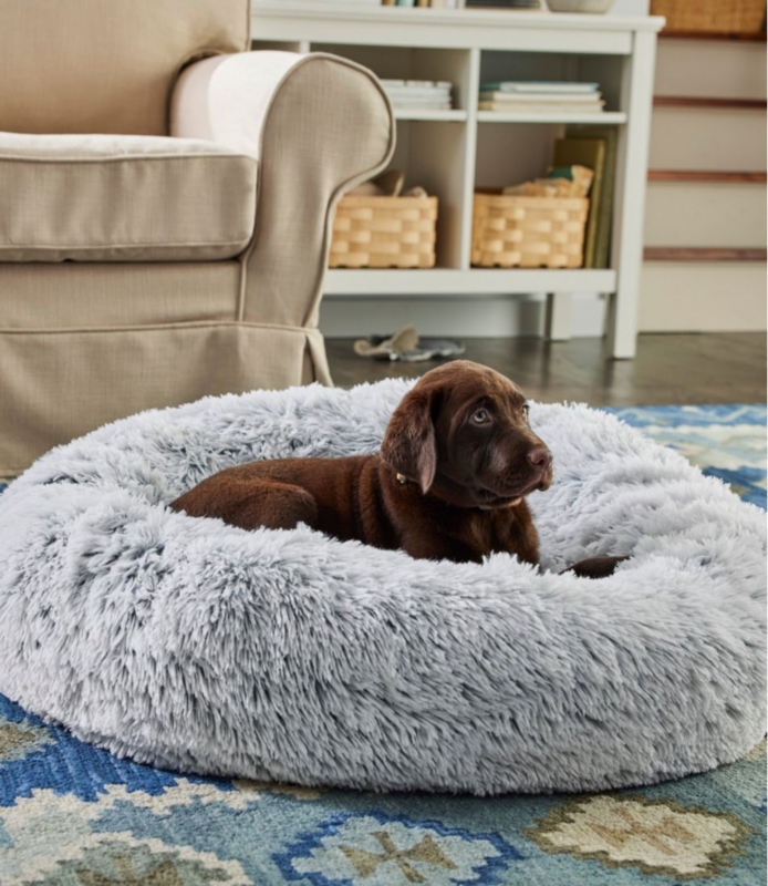 Circular Dog Bed Light Grey Shaggy Faux Fur with Bolstered Rim