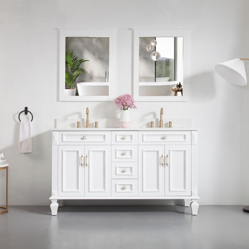 Classic White Double Vanity with Quartz Top & Bun Feet