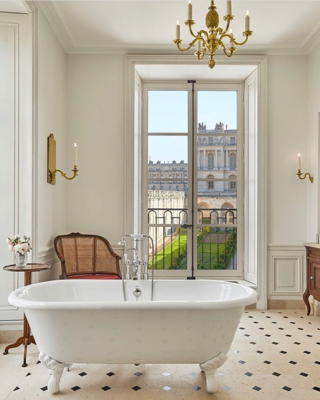 Clawfoot Bathtub Checkered Stone Floor French Window Wainscoting Ornate Feet