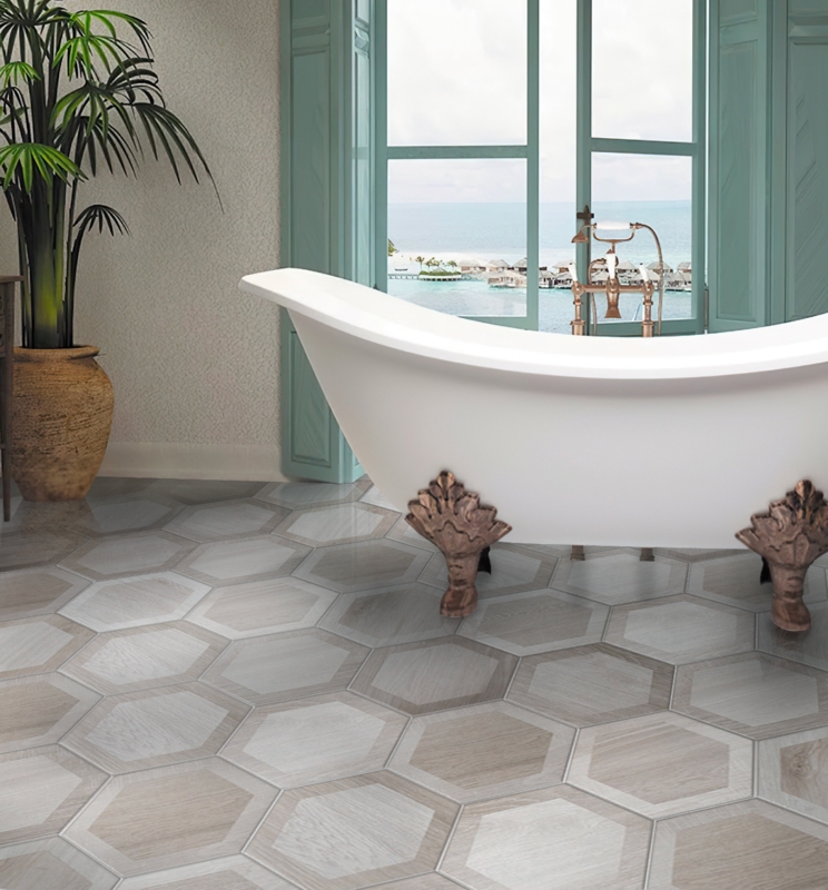 Clawfoot Bathtub with Hexagonal Wood Look Tile & Teal Accents