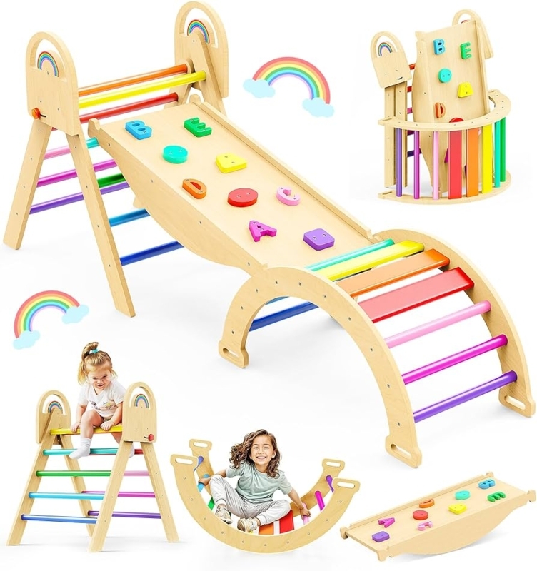 Climbing Gym Montessori Rainbow Set with Alphabet Holds and Rocker Arch