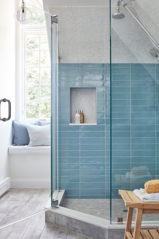 Coastal Bathroom Shower Subway Tile Integrated Window Seat Bright