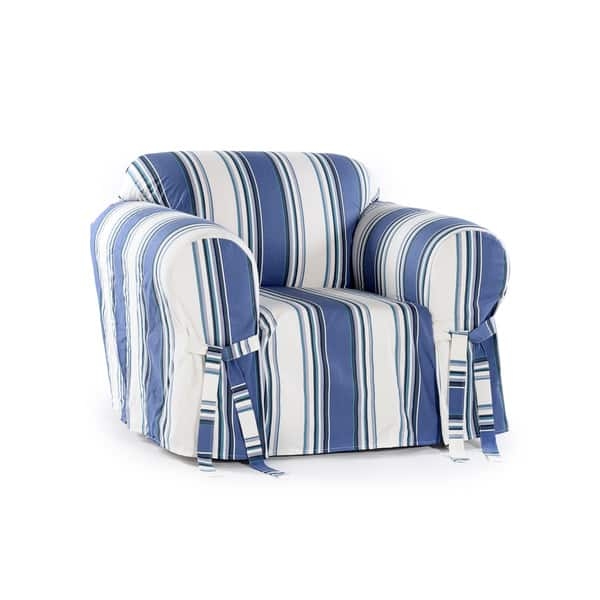 Coastal Blue Striped Chair Slipcover Side Tie Accents Nautical
