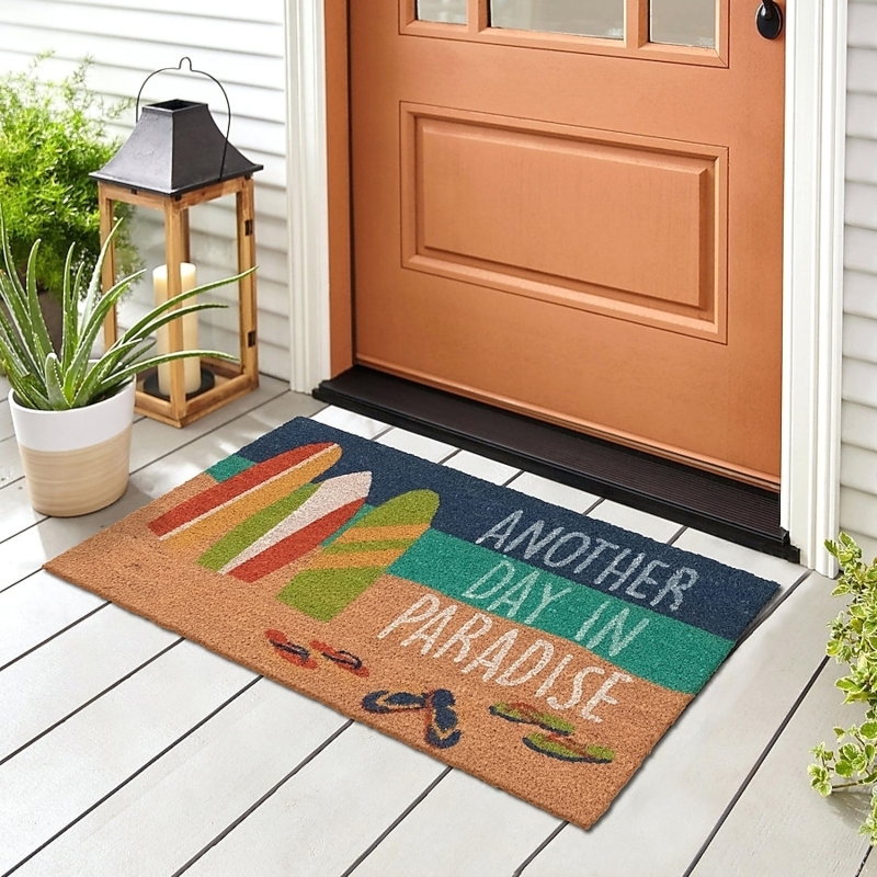 Coastal Doormat Nautical Surfboard Graphics Paradise Text Coir