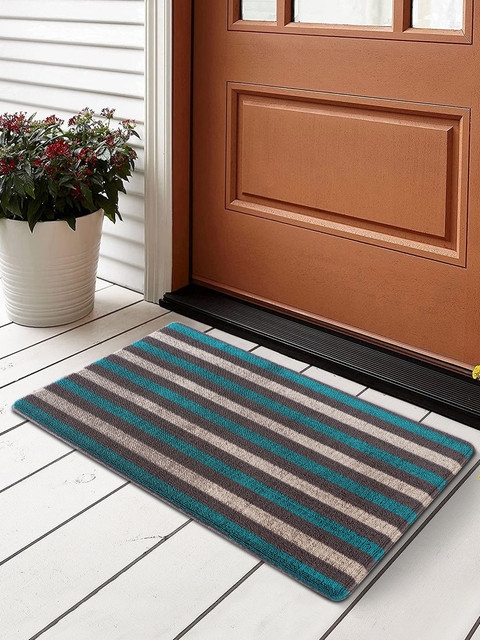 Coastal Doormat Teal Stripes Horizontal Banding Modern Casual Grey