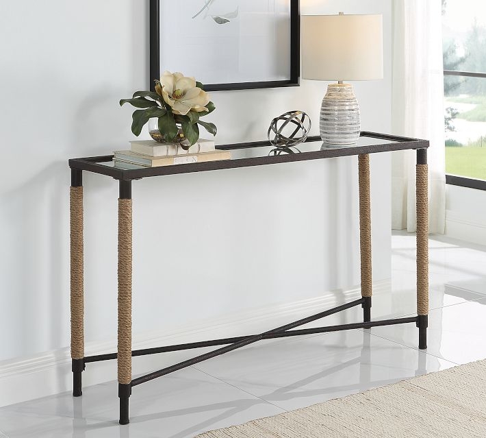 Coastal Modern Console Table Glass Top Bronze Metal Rope Wrapped