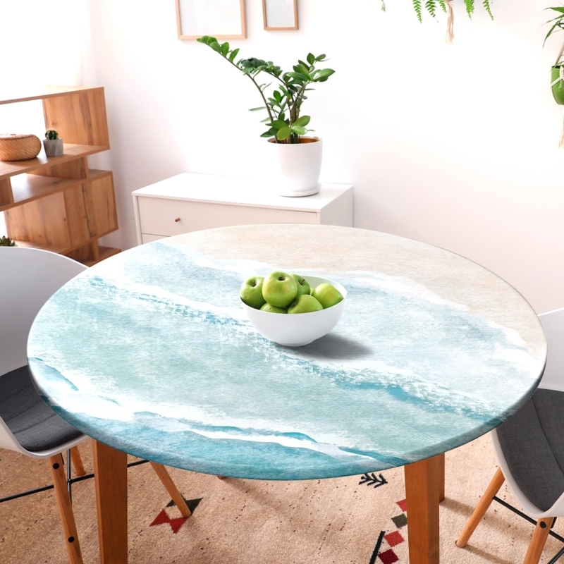Coastal Tablecloth Round Fitted Ocean Wave Print Blue Beige Waterproof