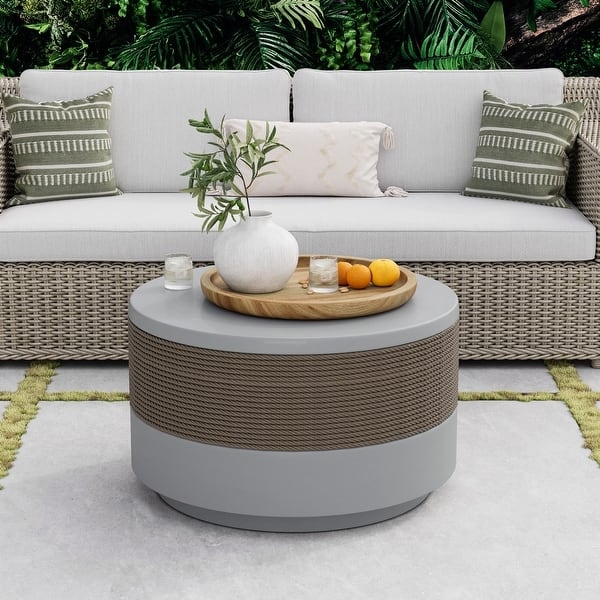 Coffee Table Rope Wrapped Drum Faux Stone Coastal Organic