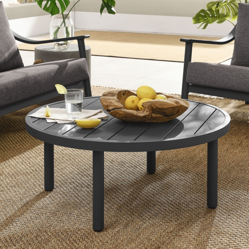 Coffee Table Round Charcoal Metal Slatted Top Cylindrical Legs