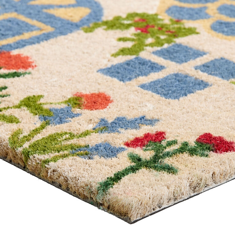 Coir Doormat Cottage Motif High Pile Floral Pattern Whimsical Style