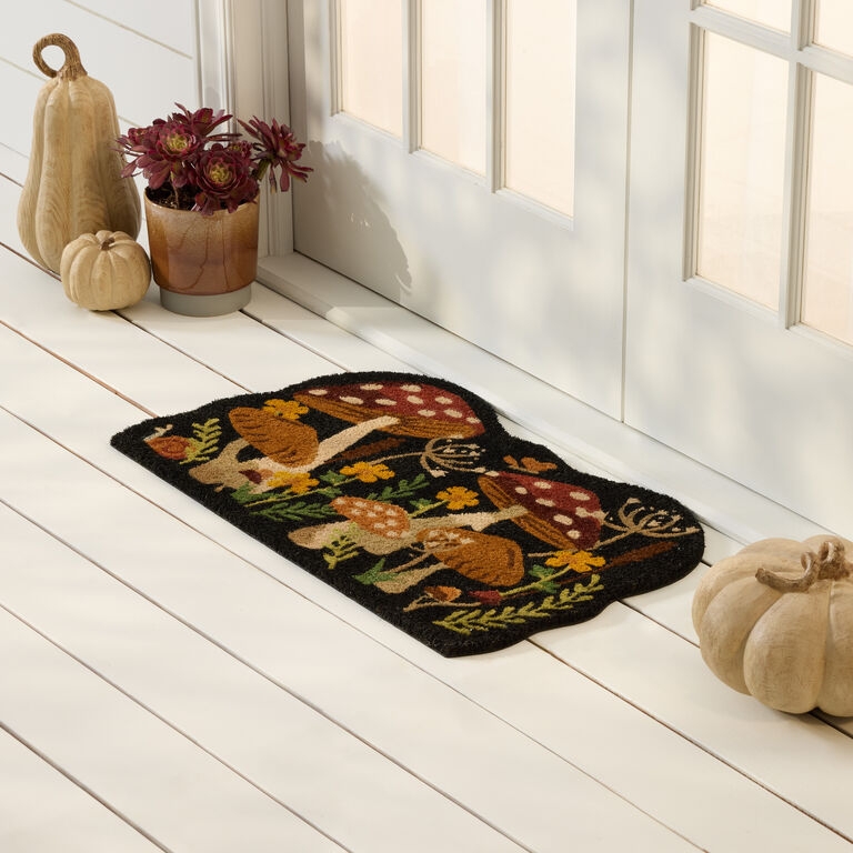 Coir Doormat Mushroom Motif Shaped Edges Whimsical Porch Styling