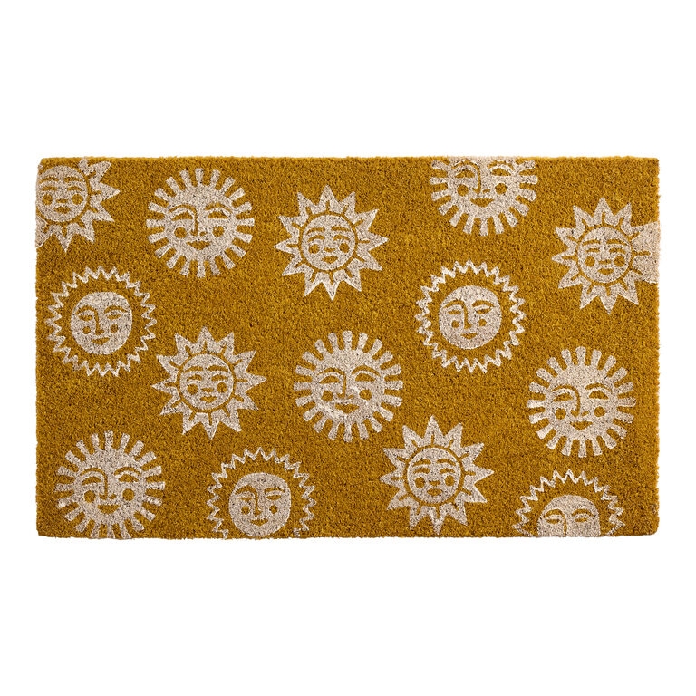 Coir Doormat with Golden Sun Face Pattern, Ochre Natural Fiber