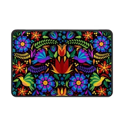 Colorful Folk Art Doormat with Floral Bird Design