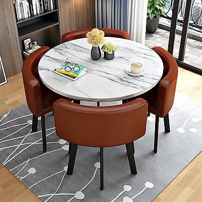 Compact Dining Set Cognac Nesting Chairs Marble Pattern Urban