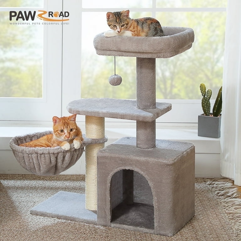 Compact Multi-Level Cat Tower with Elevated Hammock and Top Perch