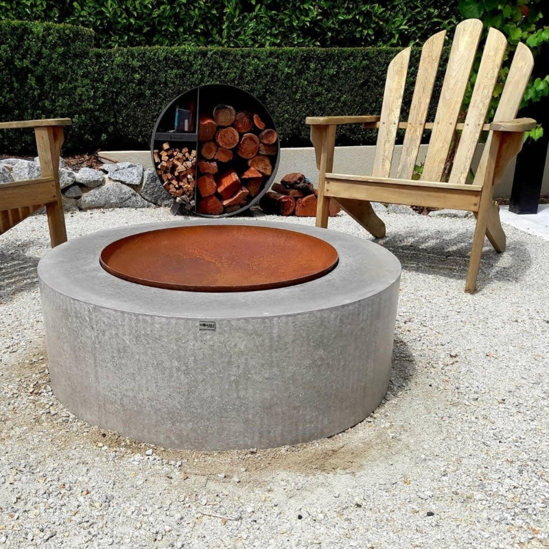 Concrete Fire Pit Cylindrical Base Rusted Metal Bowl