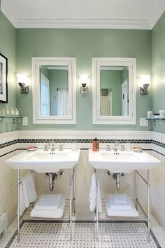 Console Sink Twin Layout Mint Green Walls Vintage
