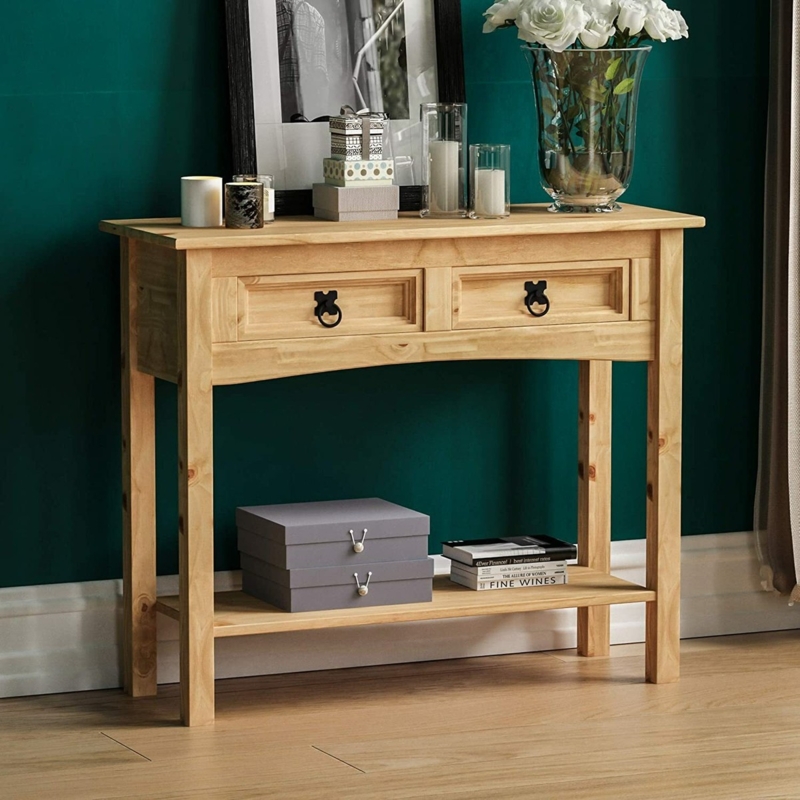Console Table 2 Drawers Black Ring Pulls Open Bottom Shelf Farmhouse