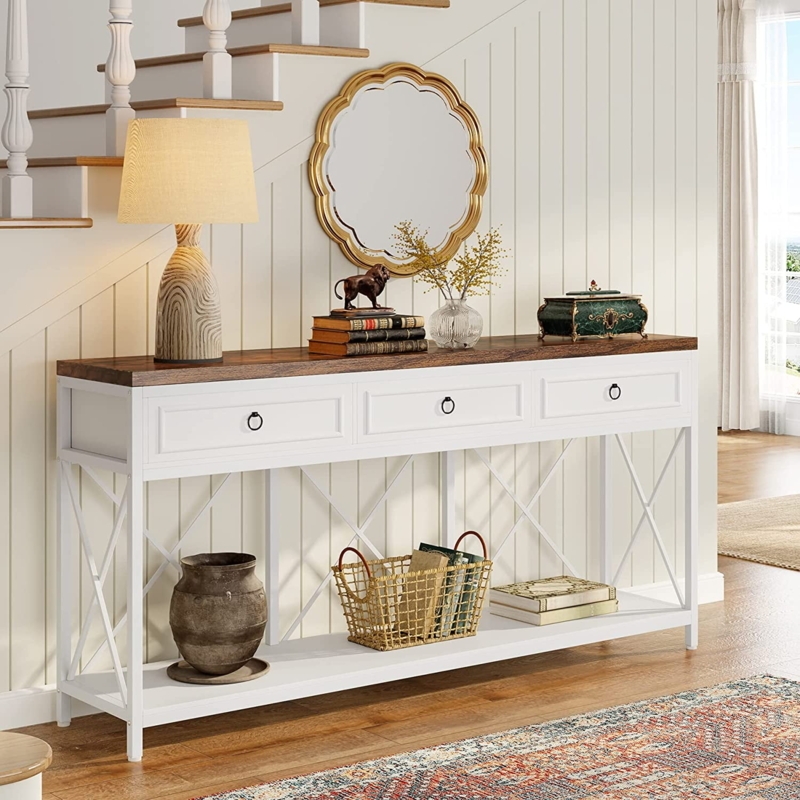 Console Table 70 Inch Length Contrast Top Three Drawers White Wood Grain