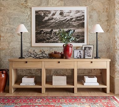 Console Table 90 Inch Width Three Drawers Open Cubby Storage Light Wood