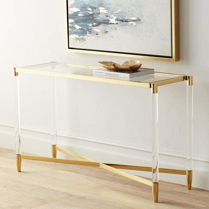 Console Table Acrylic Legs Glass Top X Stretcher Base Contemporary Style