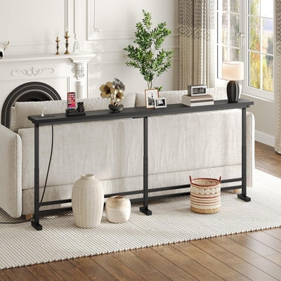 Console Table Adjustable Height Power Outlet Slim Black Metal Frame