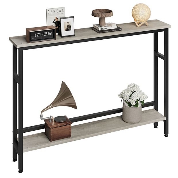 Console Table Adjustable Shelf Two Tier Skinny Metal Wood Toned Surface