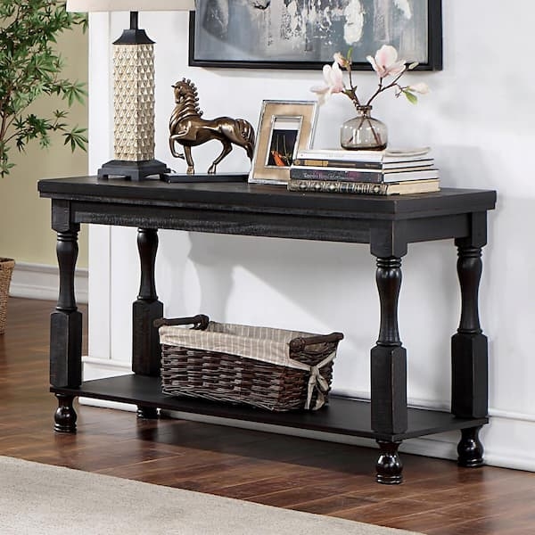 Console Table Antique Black Distressed Chunky Turned Legs Farmhouse