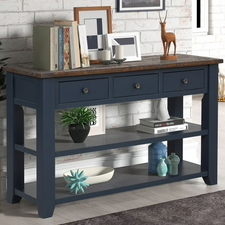 Console Table Antique Blue Finish Two Tier Shelving 3 Drawers