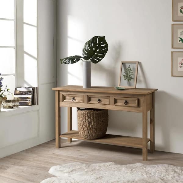 Console Table Antique Brown Finish Three Drawers Ring Pulls