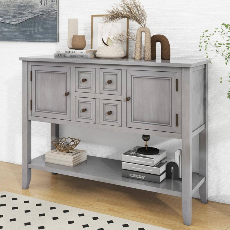 Console Table Antique Gray Four Center Drawers Two Cabinets