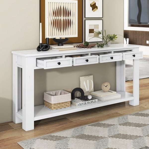 Console Table Antique White Four Drawers Bottom Shelf Farmhouse Storage