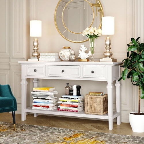 Console Table Antique White Three Drawers Open Shelf Traditional
