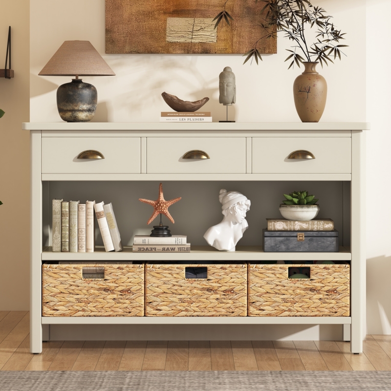 Console Table Antique White Three Drawers Woven Baskets Entryway