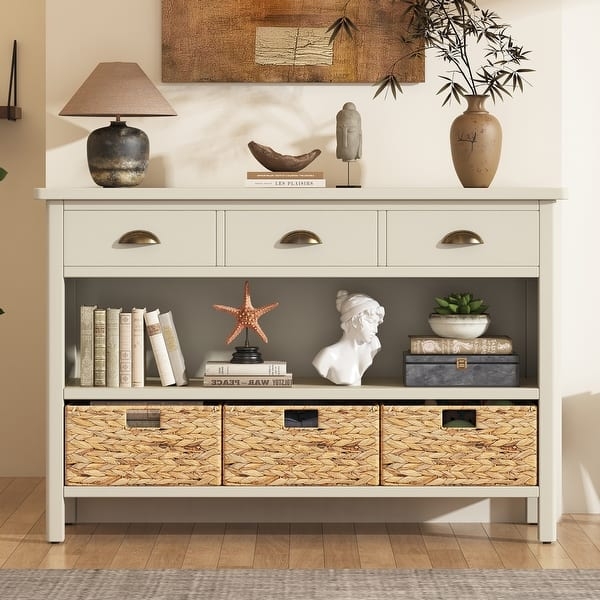 Console Table Antique White with Woven Baskets and Cup Pulls