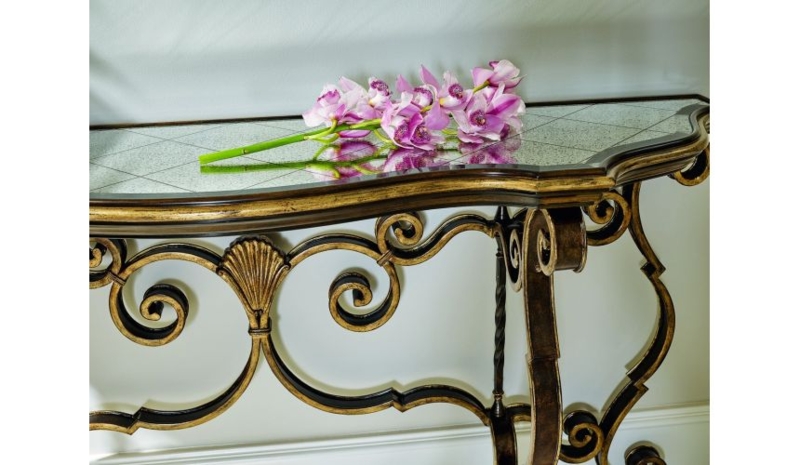 Console Table Antiqued Gold Leaf Scrollwork Mirrored Etched Top