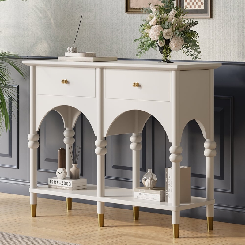 Console Table Arched Apron Turned Legs Gold Knobs Painted White Finish