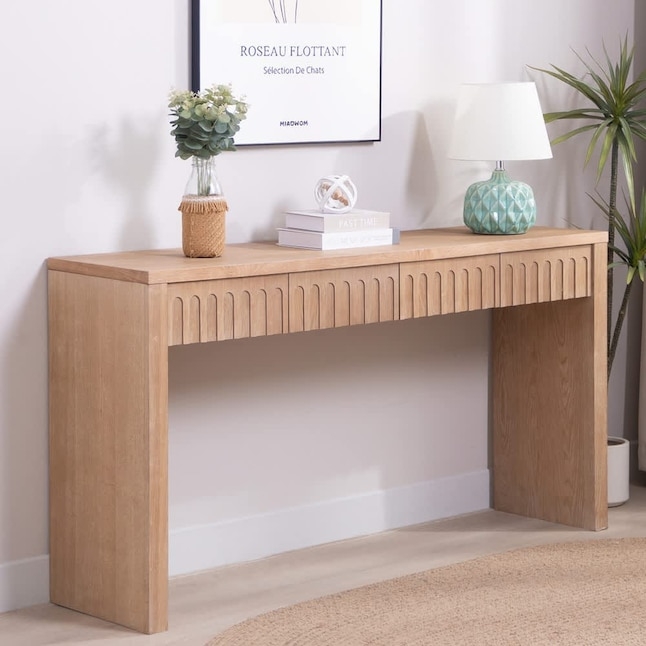 Console Table Arched Fluted Texture 59 Inch Width Light Wood Finish