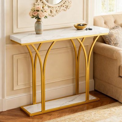 Console Table, Arched Legs, Two-Tier Design, Faux Marble, Gold Finish.