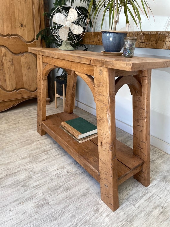 Console Table Arched Supports Distressed Wood Aged Farmhouse Shelf