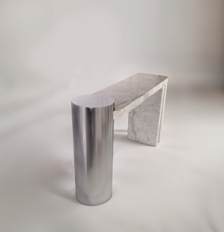Console Table Asymmetric Stone Slab Top Polished Cylinder Base