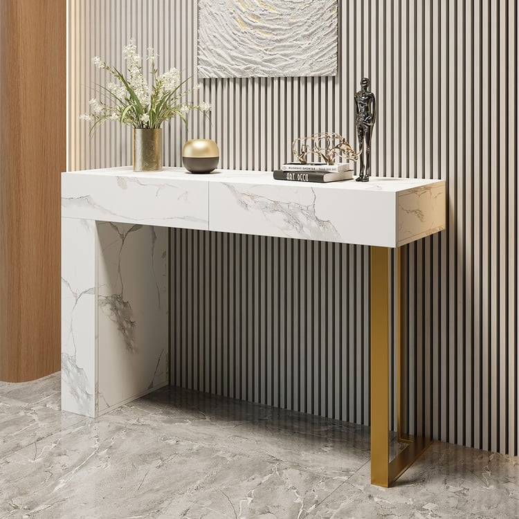 Console Table Asymmetrical Base Marble Pattern Gold Leg Modern Glam